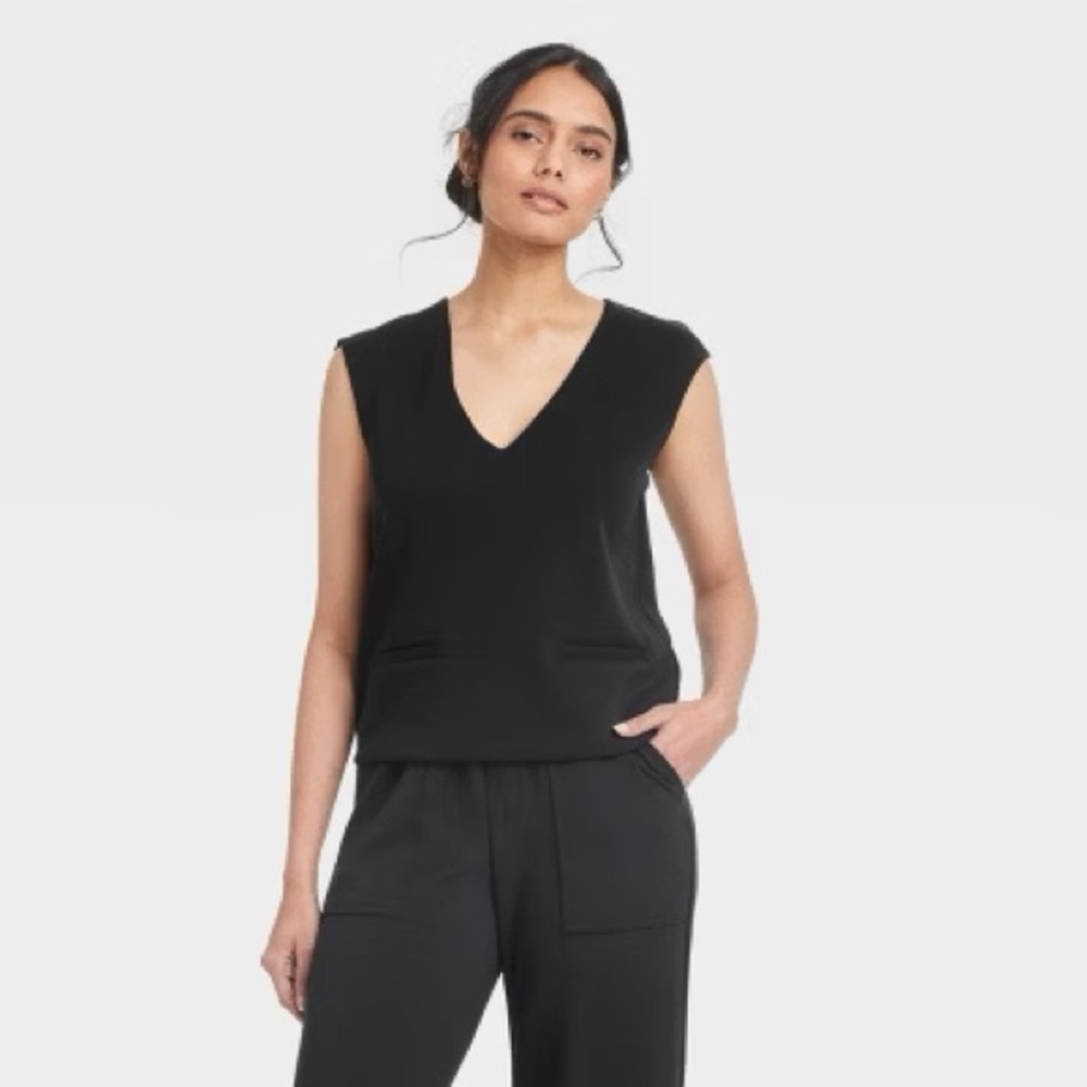 NWT a new day Black V-Neck Sleeveless Sweater Top | Faux Front Pockets | XL